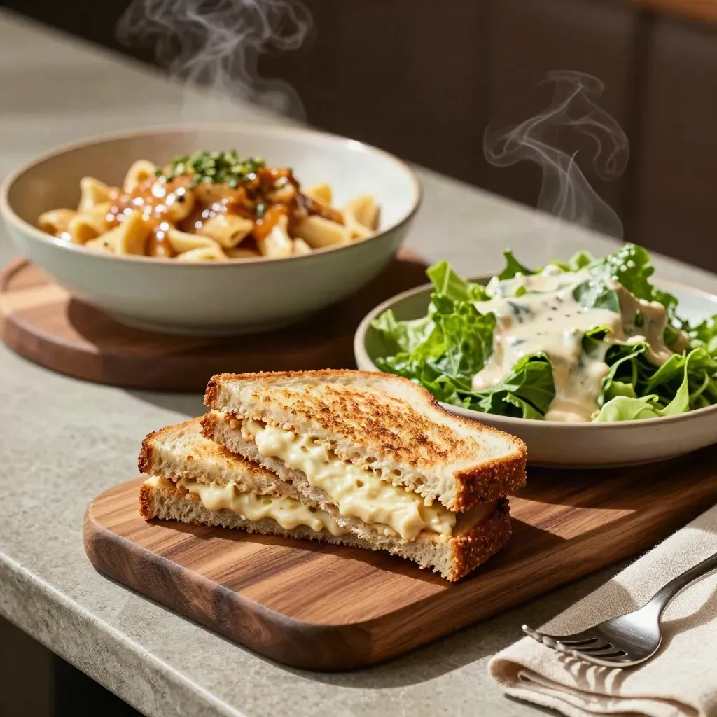 Sandwic, pasta dan salad di atas batu, sos berkilat dalam cahaya dapur.