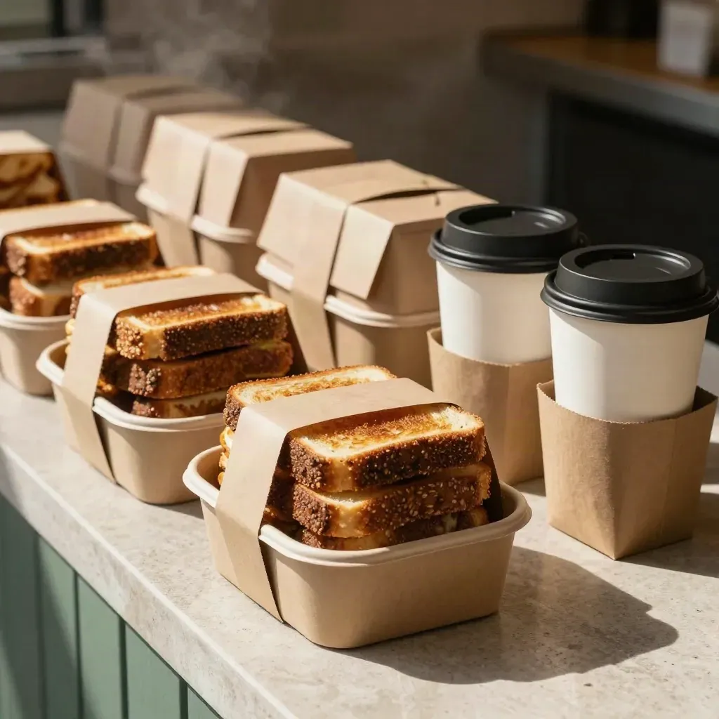 Sandwic, kotak makan tengah hari dan pembawa kopi tersusun di kaunter kafe.
