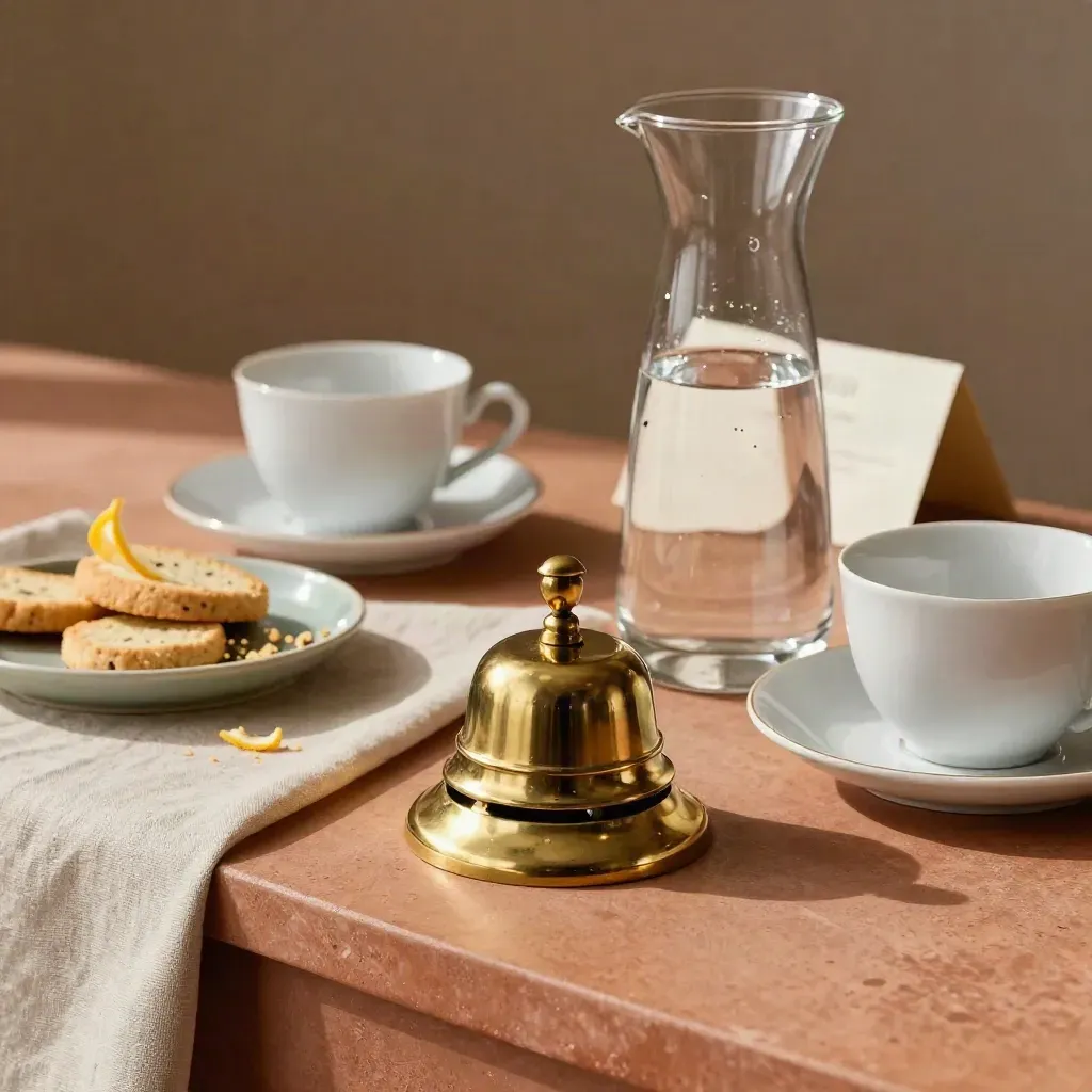 Loceng sambutan, karaf air, cawan demitasse dan dulang biskut di kaunter hos.