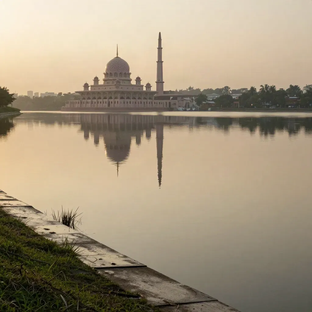 Dome masjid berpantul di air tenang dengan langit senja hangat di Shah Alam Selatan.